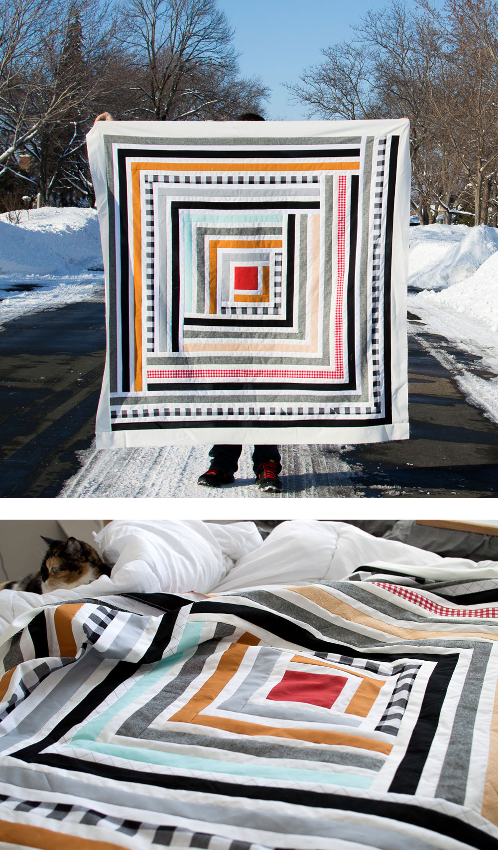 Campfire Modern Quilt Pattern PDF. A fresh interpretation of the traditional log cabin quilt block. | Suzy Quilts https://suzyquilts.com/campfire-quilt-pattern-tips-pics-fabric