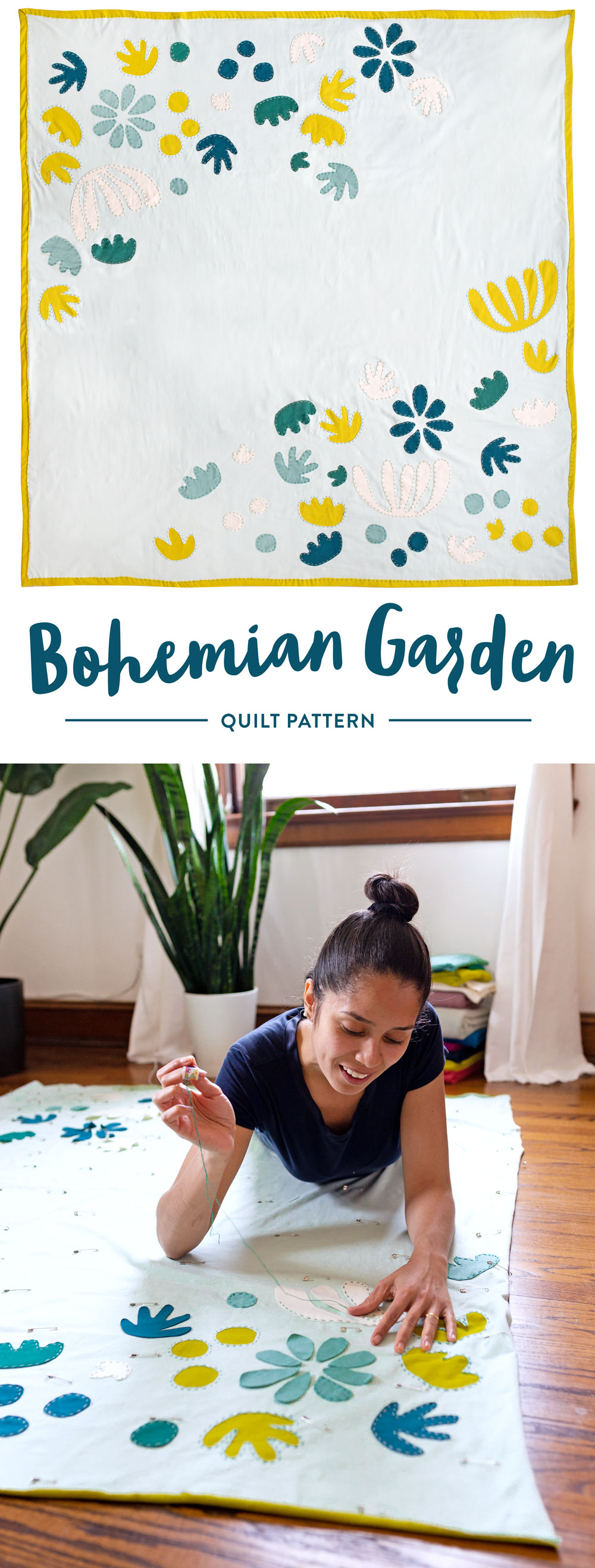 The Bohemian Garden quilt pattern includes three variations – one of them is a whole-cloth quilt!