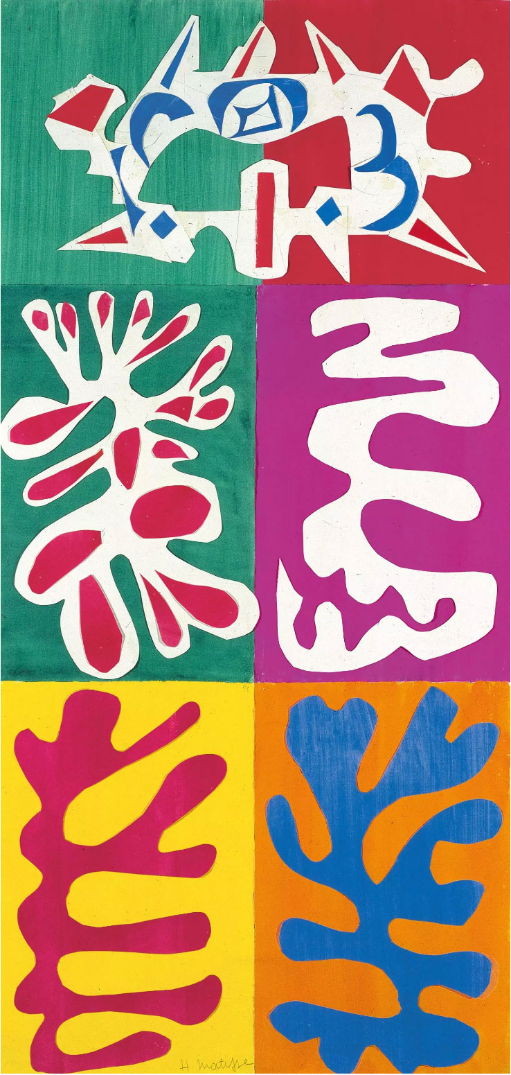The paper cut-outs of Matisse display drama, excitement, and a strong contrast of bold colors.