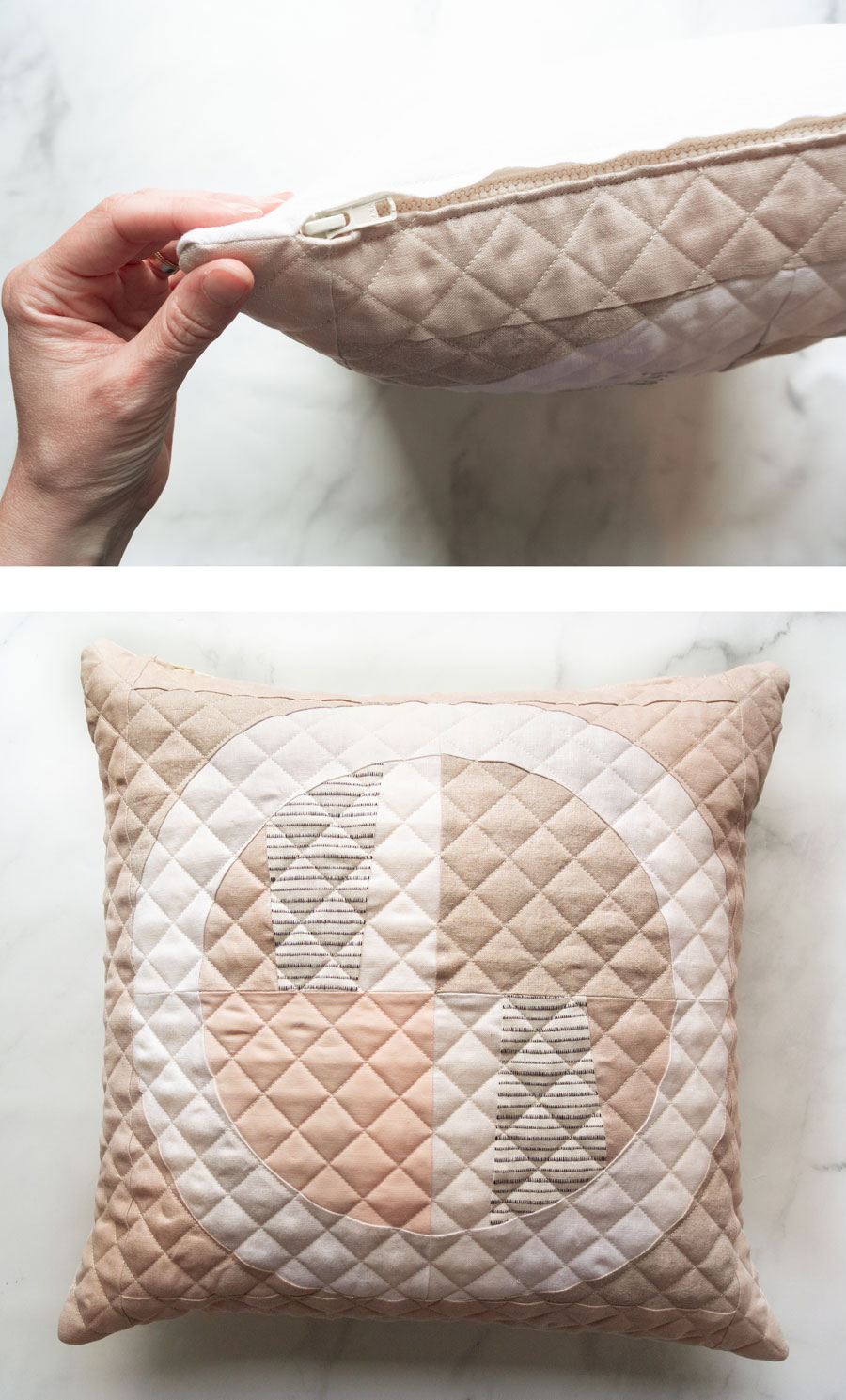 Sew a quilted zipper pillow with this step by step tutorial. I'll walk you through how to baste and quilt your pillow top, sew a zipper, and finish the pillow beautifully!