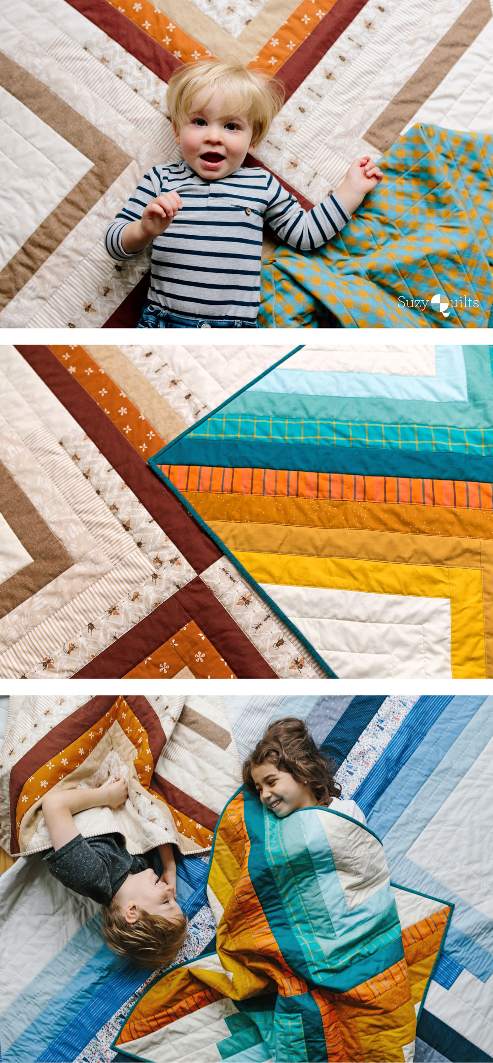 The Sugar POP quilt pattern is a PDF download that includes throw, baby and a pillow size. This modern design works well as a gradient or with fabric scraps. | Suzy Quilts https://suzyquilts.com/sugar-pop-quilt-pattern