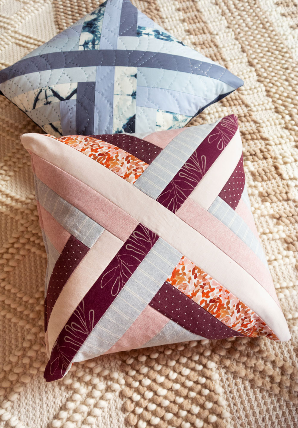 3 fun and fresh quilted pillow patterns for a modern look. Easy to follow patterns that are fat quarter friendly or use up scraps!
