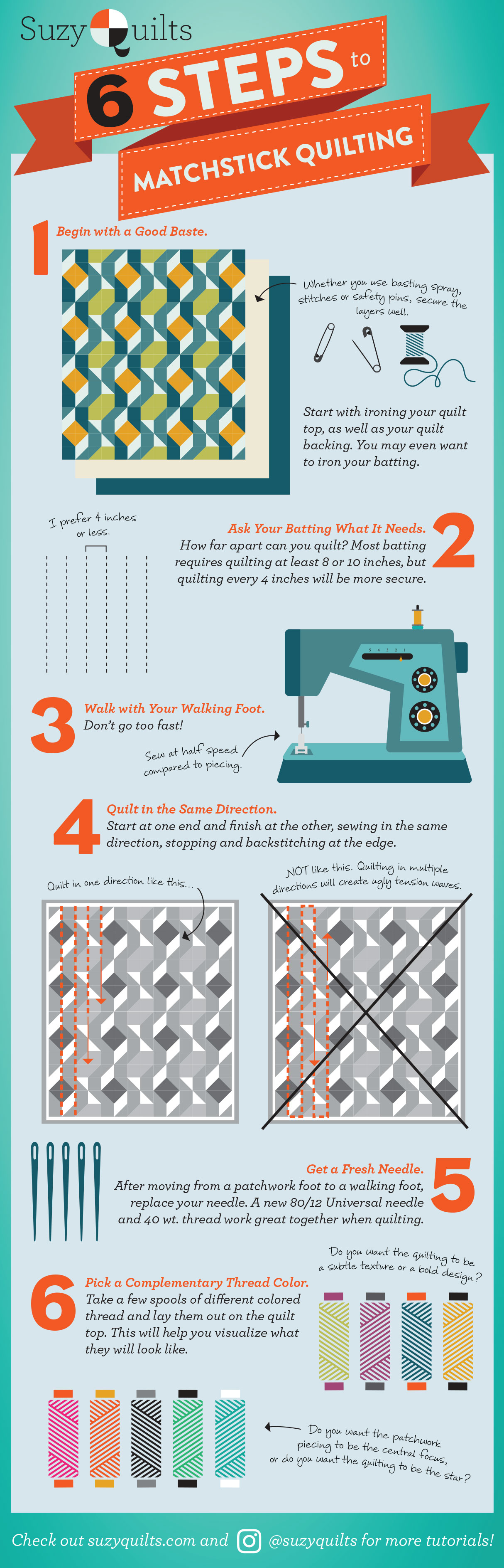 Learn the 6 simple steps to straight line quilting, or as some call it, matchstick quilting. This is a great beginner quilter tutorial! | Suzy Quilts - https://suzyquilts.com/6-tips-for-straight-line-machine-quilting-a-k-a-matchstick-quilting