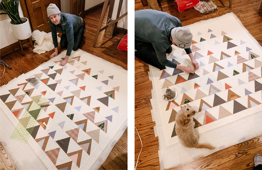 The Mod Mountains quilt pattern is fat quarter friendly and great for using fabric scraps from your stash. Video tutorials show step by step how to cut templates and sew triangles.