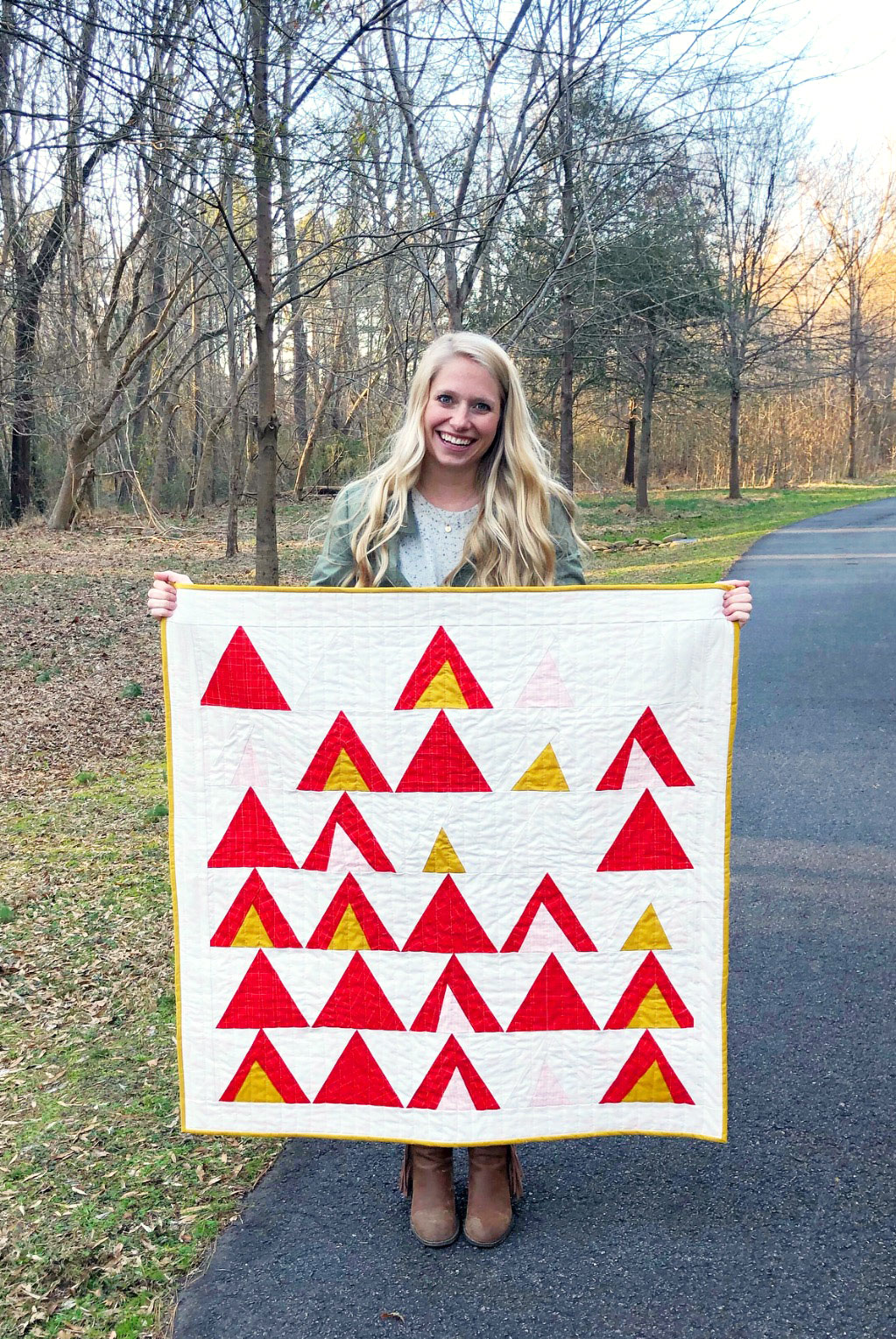 How I Learned to Hand Quilt with the Mod Mountains Pattern: A fat quarter friendly design that lends itself to lots of creative interpretation. This pattern includes fabric requirements for queen/full, twin, throw and baby quilt sizes.