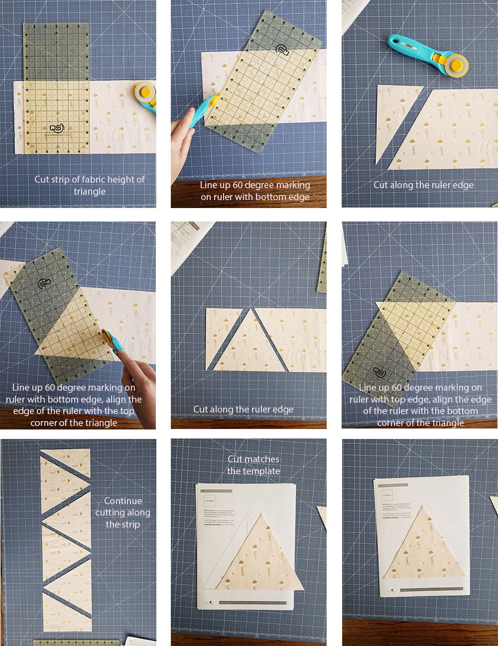 The Mod Mountains quilt pattern is fat quarter friendly and great for using fabric scraps from your stash. Video tutorials show step by step how to cut templates and sew triangles.