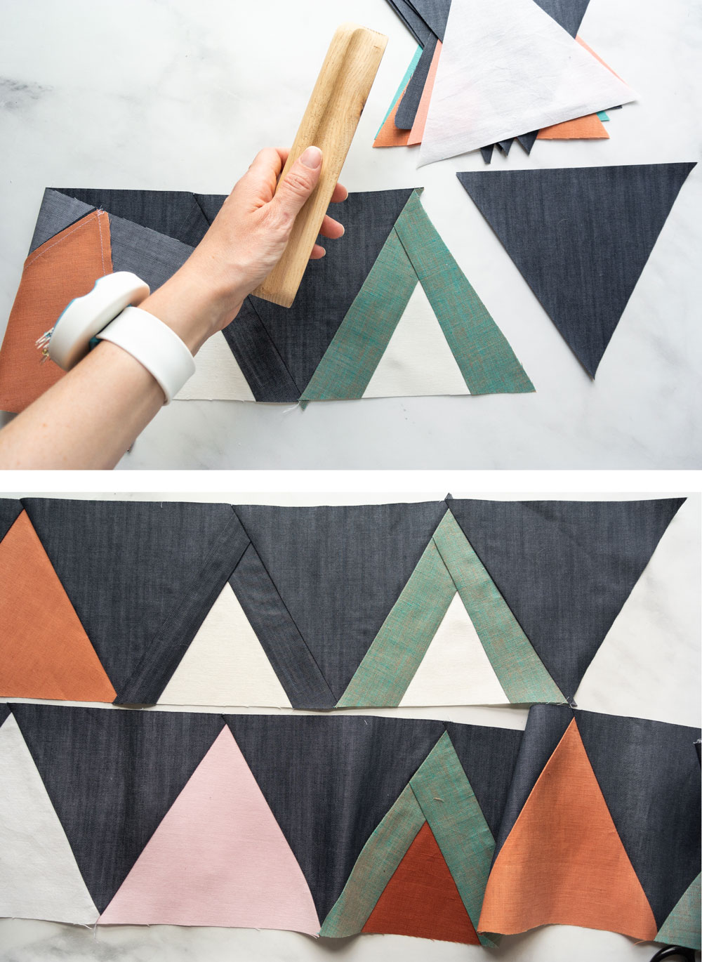 Join the Mod Mountains quilt pattern sew along! Learn new quilting skills and win weekly prizes as an online sewing community. Together we cover sewing with linen and different kinds of fabric, cutting with templates and sewing triangles.