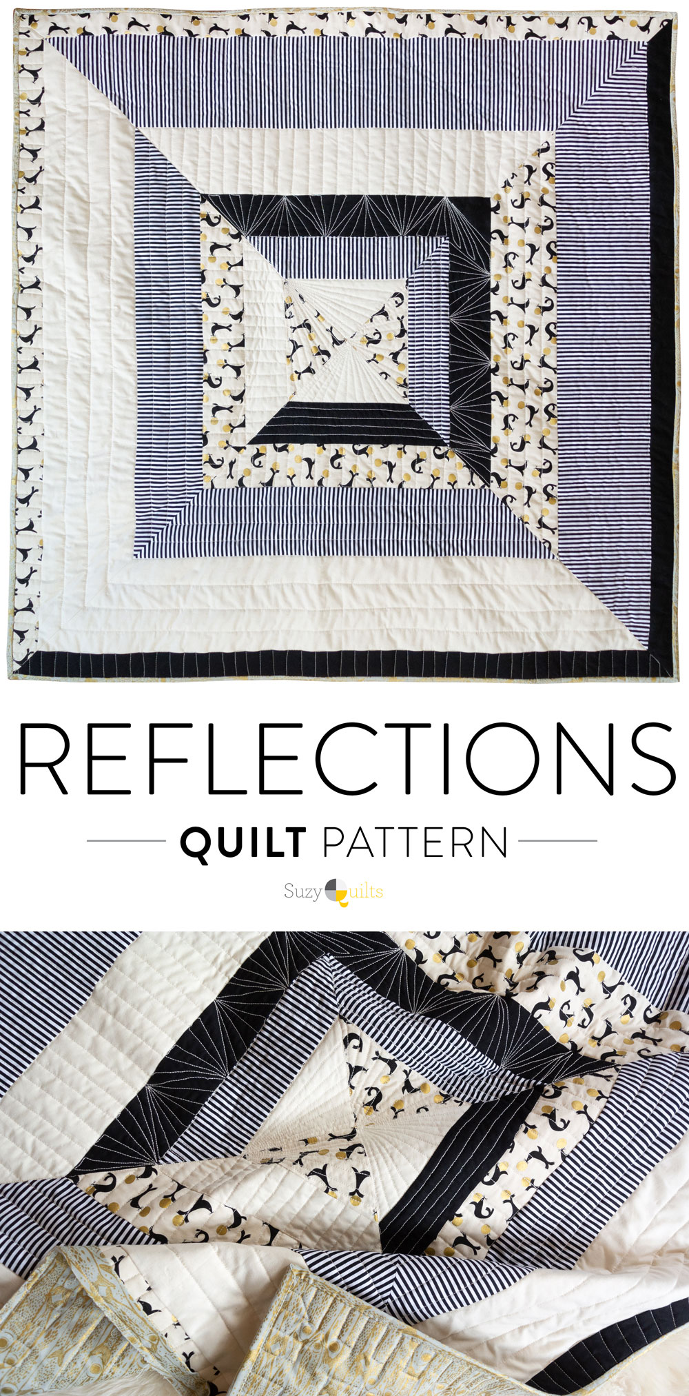 The Reflections quilt pattern is a beginner-friendly modern design that includes king, queen, full, twin, throw and baby quilt sizes. This is a fast and fun baby quilt pattern that plays on symmetry and high contrast!