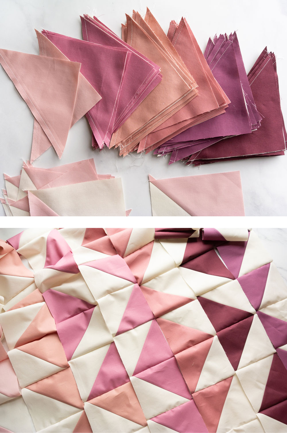 Change your favorite quilt pattern into an ombré quilt by converting yardage into fat quarters. Included is a half square triangle conversion chart and tutorial! | Suzy Quilts #halfsquaretriangle  #modernquilts #ombrequilt