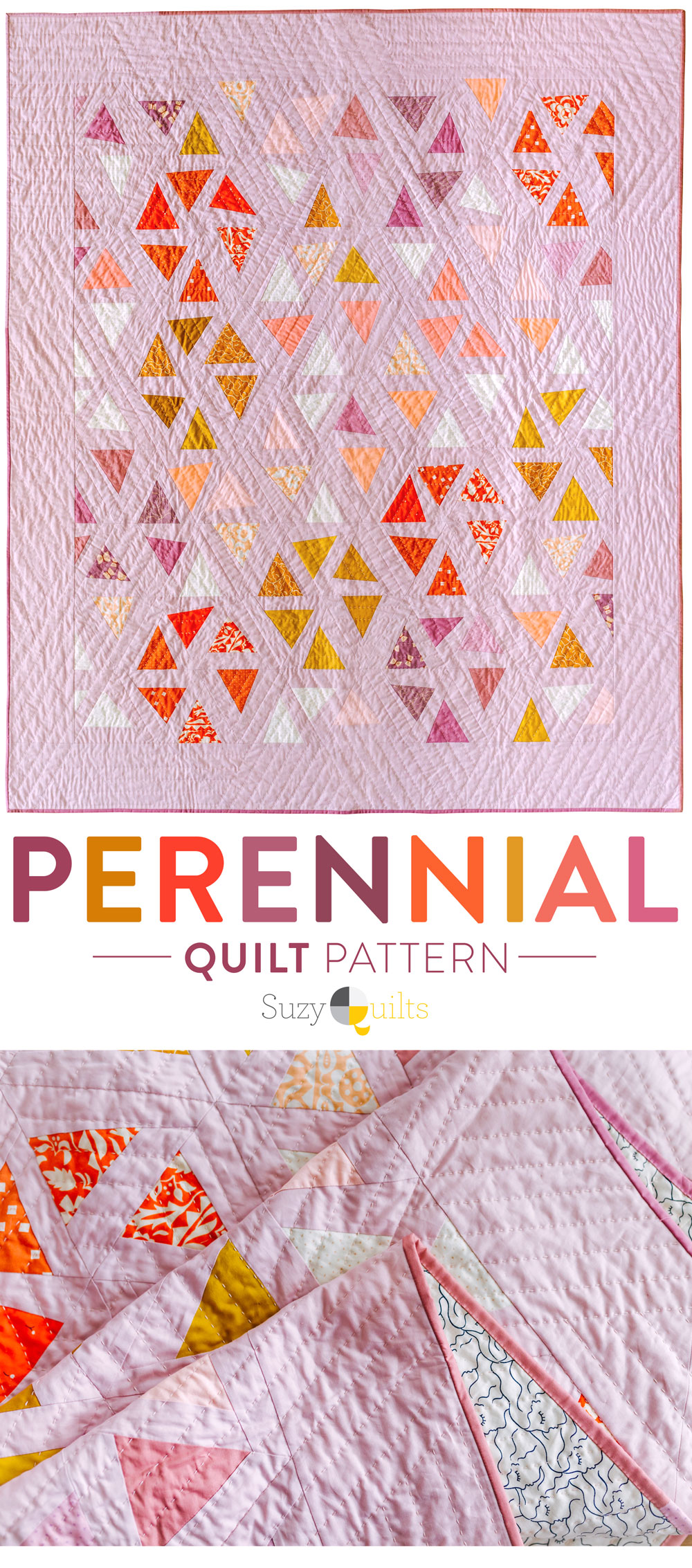 The perfect flower quilt pattern! The Perennial quilt pattern looks like wildflowers growing in a meadow – so use your scraps! Fat quarter and fat eighth friendly plus video tutorials! suzyquilts.com #FlowerQuiltPattern