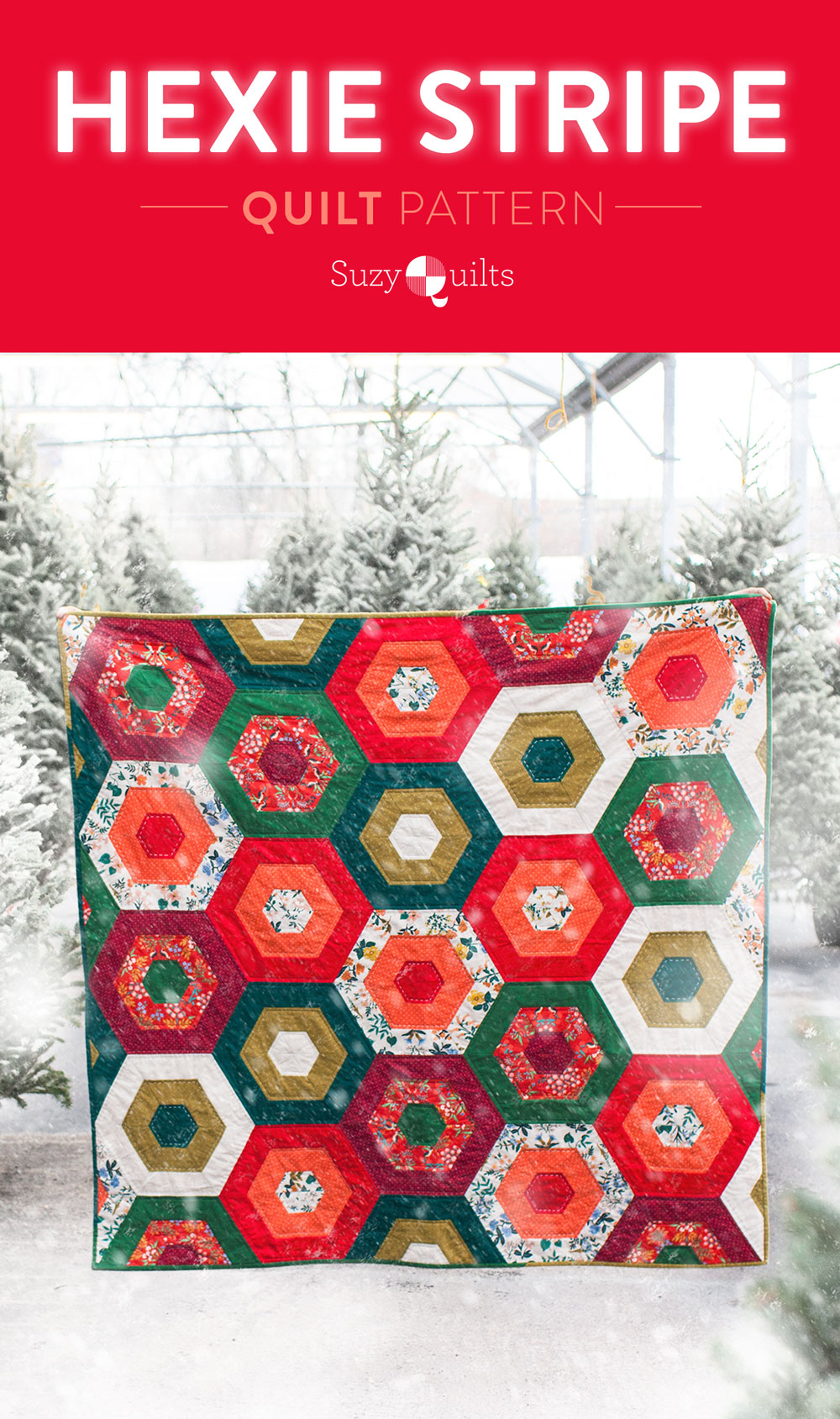 It's easy to get in the holiday spirit and get your Christmas quilting done with a pattern like Hexie Stripe. It's a vintage design with a modern twist! To make a throw all you need are 9 different 1/2 yd. cuts of fabric. Mix red and green solids with some floral prints for a beautifully festive quilt! suzyquilts.com #christmasquilt #handmadechristmas