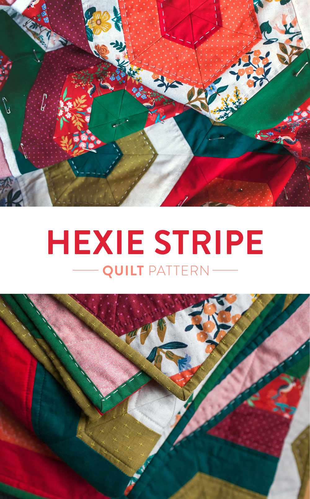 It's easy to get in the holiday spirit and get your Christmas quilting done with a pattern like Hexie Stripe. It's a vintage design with a modern twist! To make a throw all you need are 9 different 1/2 yd. cuts of fabric. Mix red and green solids with some floral prints for a beautifully festive quilt! suzyquilts.com #christmasquilt #diychristmas