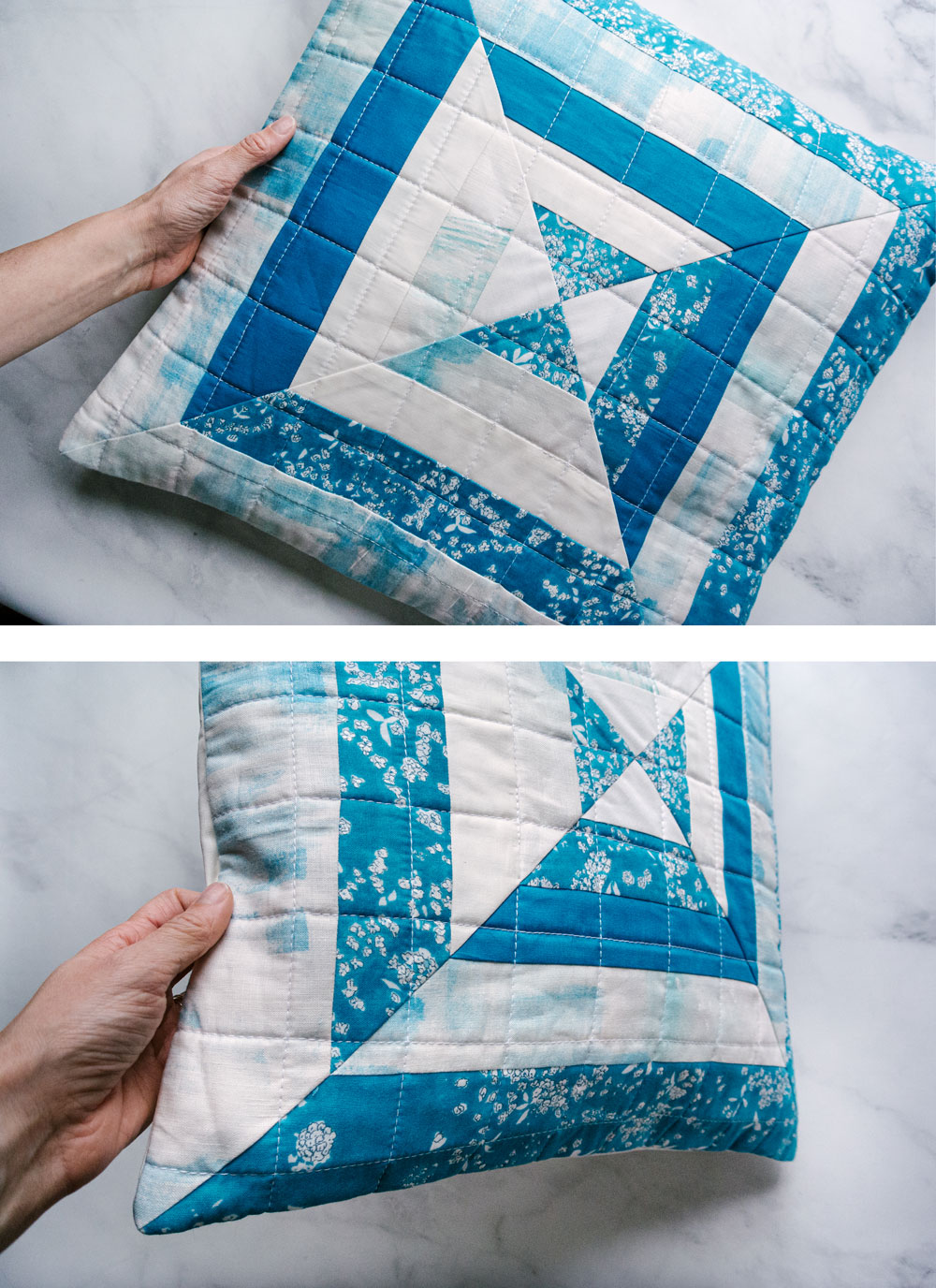 The Reflections pillow is a very fast project that is perfect for using scraps of fabric! This modern quilt pattern includes instructions for an 18-inch pillow and a 30-inch wall hanging. suzyquilts.com #quiltpattern