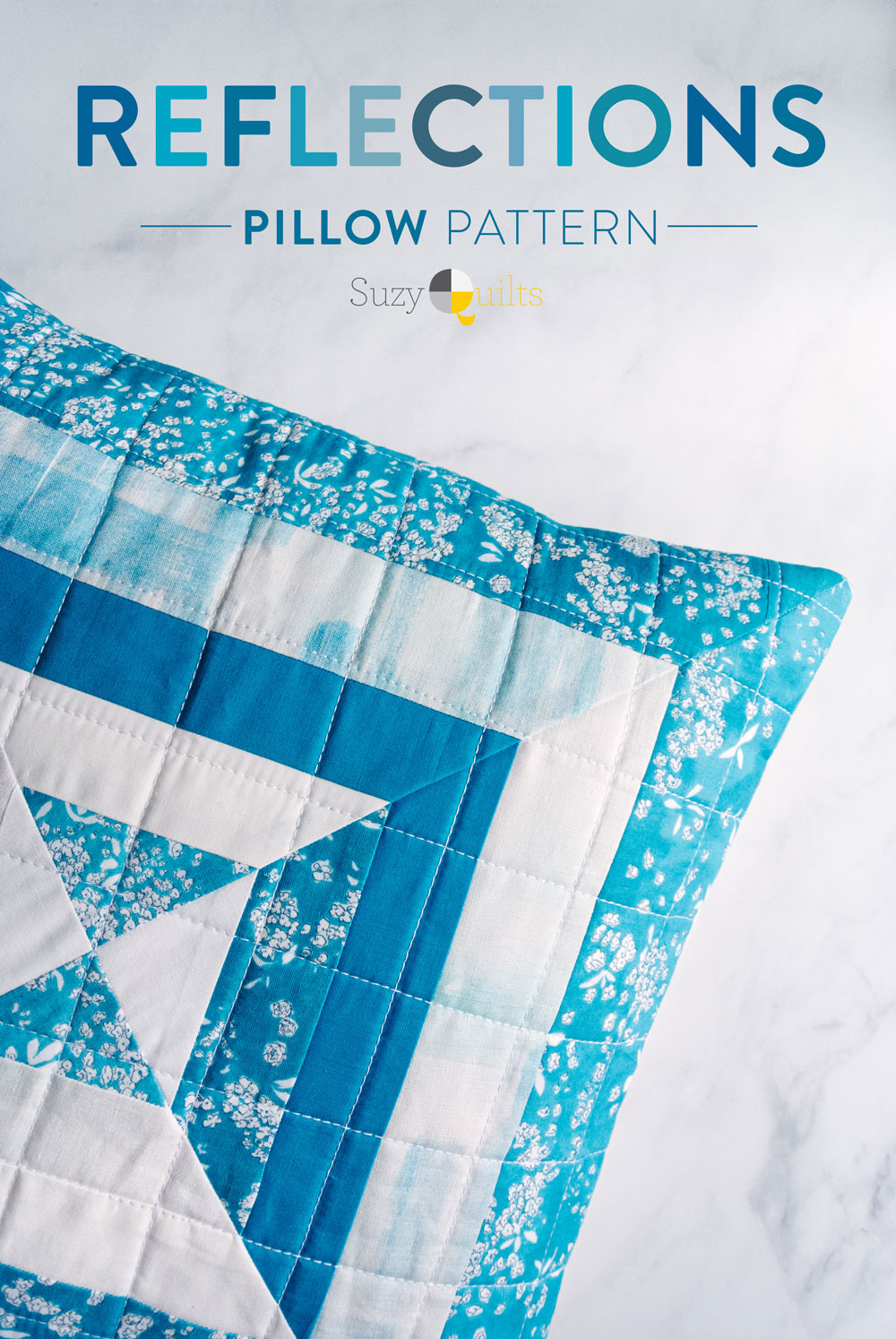 The Reflections pillow is a very fast project that is perfect for using scraps of fabric! This modern quilt pattern includes instructions for an 18-inch pillow and a 30-inch wall hanging. suzyquilts.com #pillowpattern