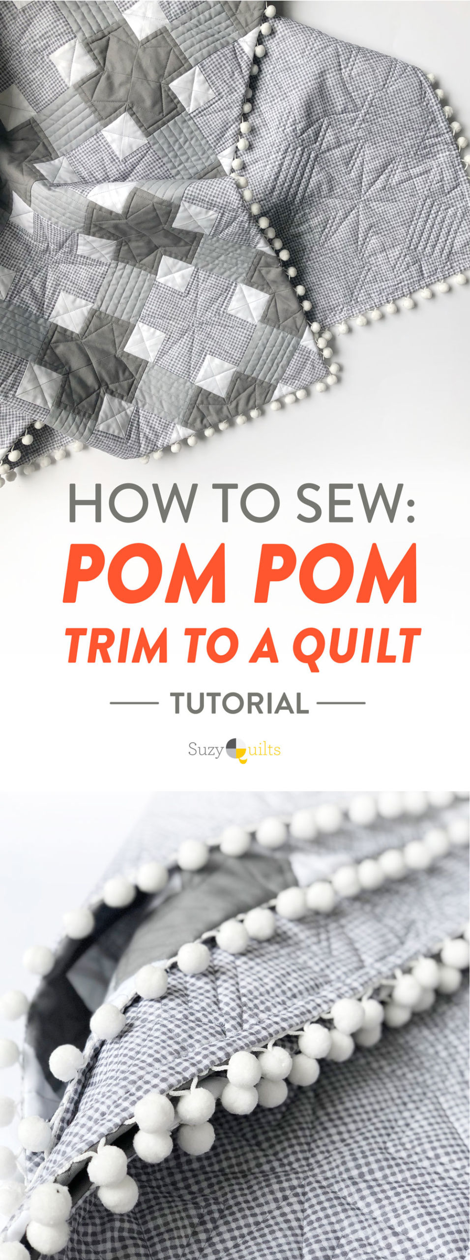This tutorial will show you step by step how to sew pom pom trim to a quilt. Make your next quilt extra special with this easy sewing tutorial | suzyquilts.com #sewingtutorial #pompoms