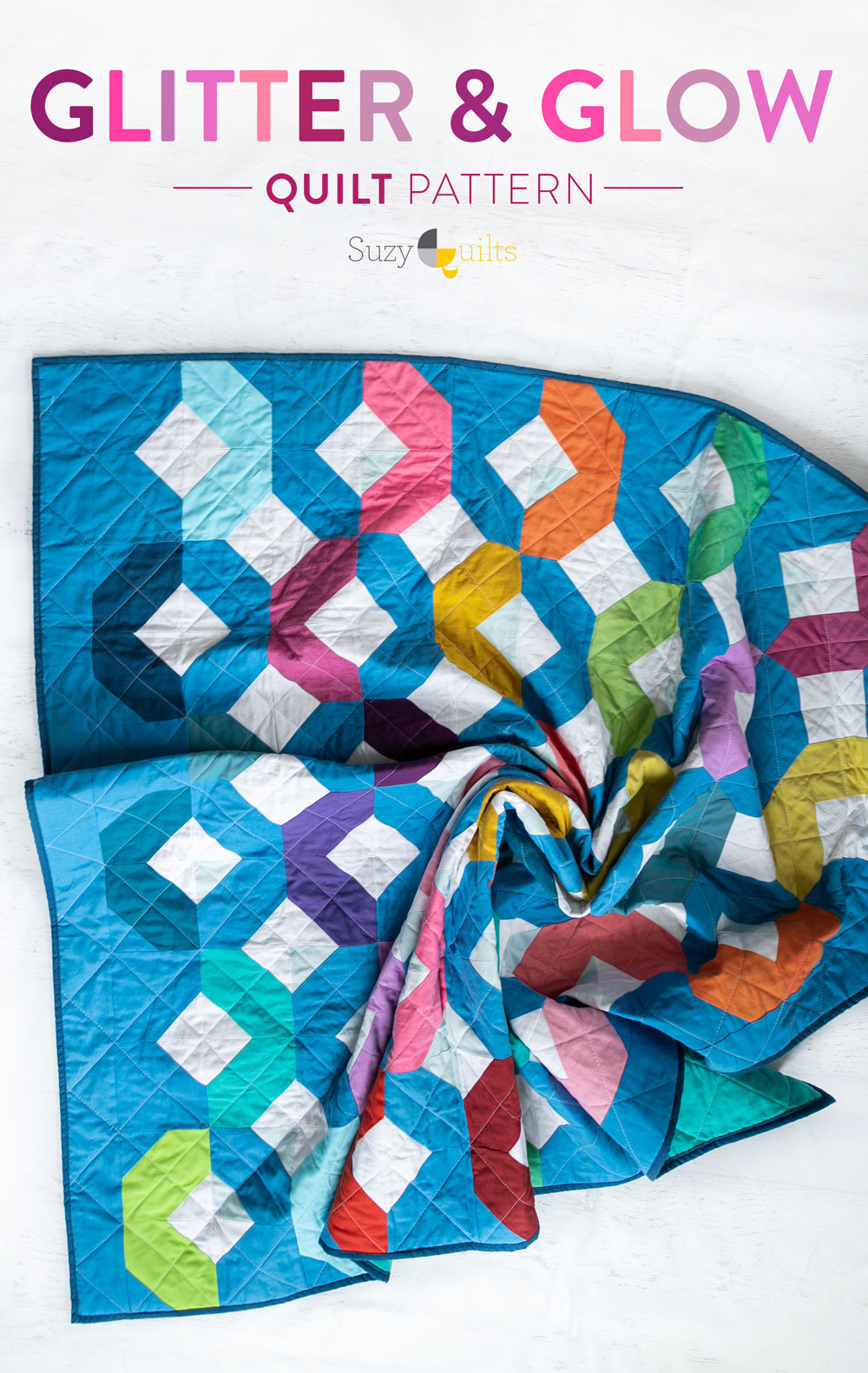 Make a Rainbow Quilt using this simple alteration to the Glitter & Glow quilt pattern. This is fat quarter friendly and great for newbie quilters and beginners. suzyquilts.com #rainbowquilt #rainbowbaby