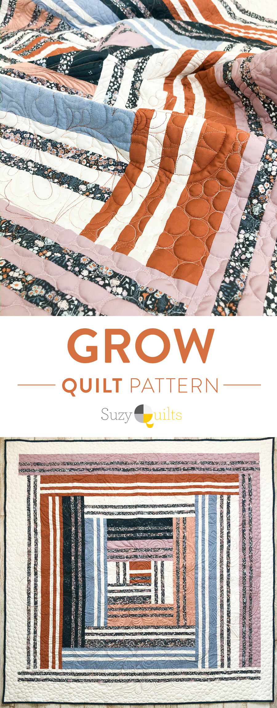 Grow is the first design in a series of four quilts that represent the four seasons in a year, as well as seasons in our lives. It includes fabric requirements and instructions for king, queen/full, twin, throw, and baby quilt sizes. This is an elegant modern medallion quilt. suzyquilts.com #modernquilting