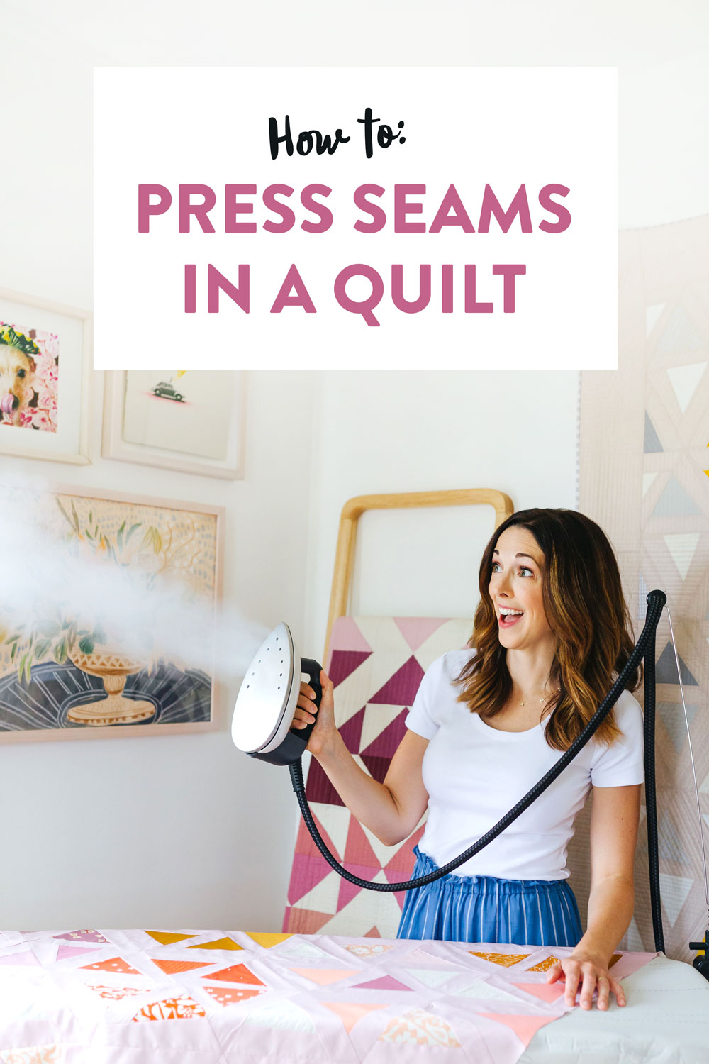 Learn how to press seams in a quilt. Included is a video tutorial and links to the best tools to use. suzyquilts.com #quilting #suzyquilts