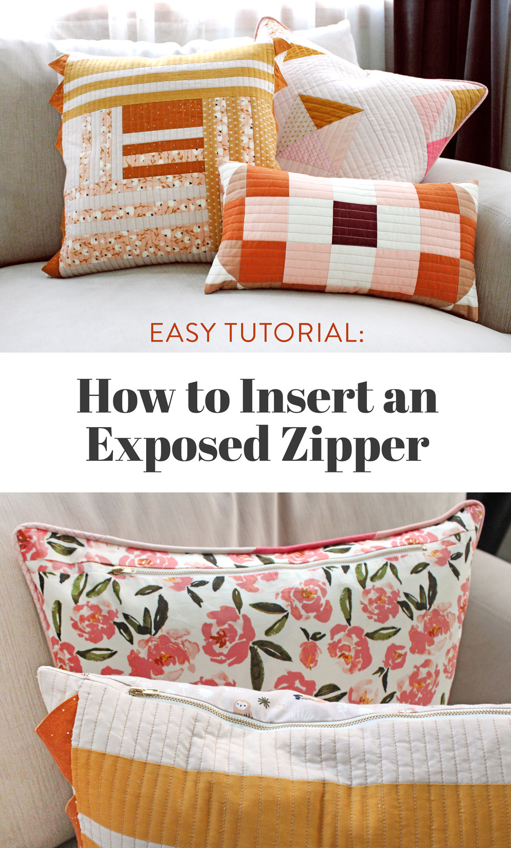 How to insert an exposed zipper into a pillow. Use this beginner tutorial to see how simple it is to sew a zipper in a quilted pillow! suzyquilts.com #zippertutorial