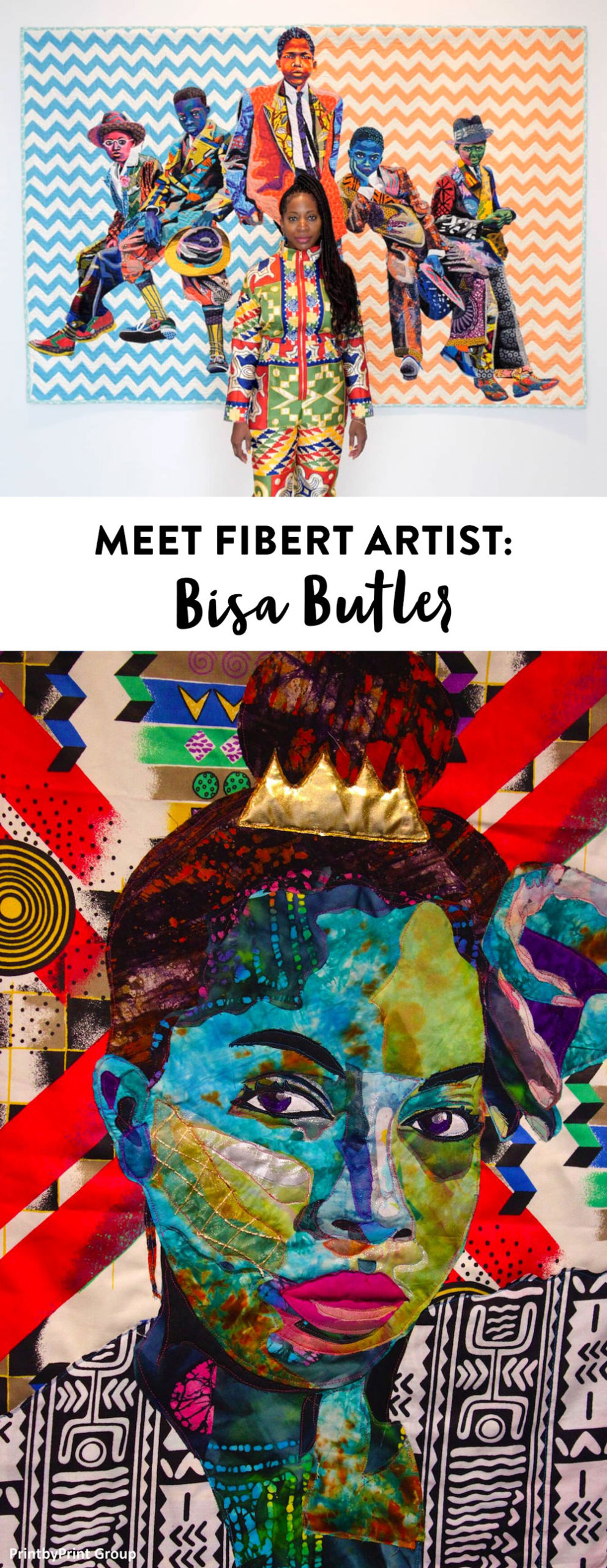 Bisa Butler is an American fiber artist who makes life-sized quilt portraits retelling African American history through fabric and texture. suzyquilts.com #fiberart