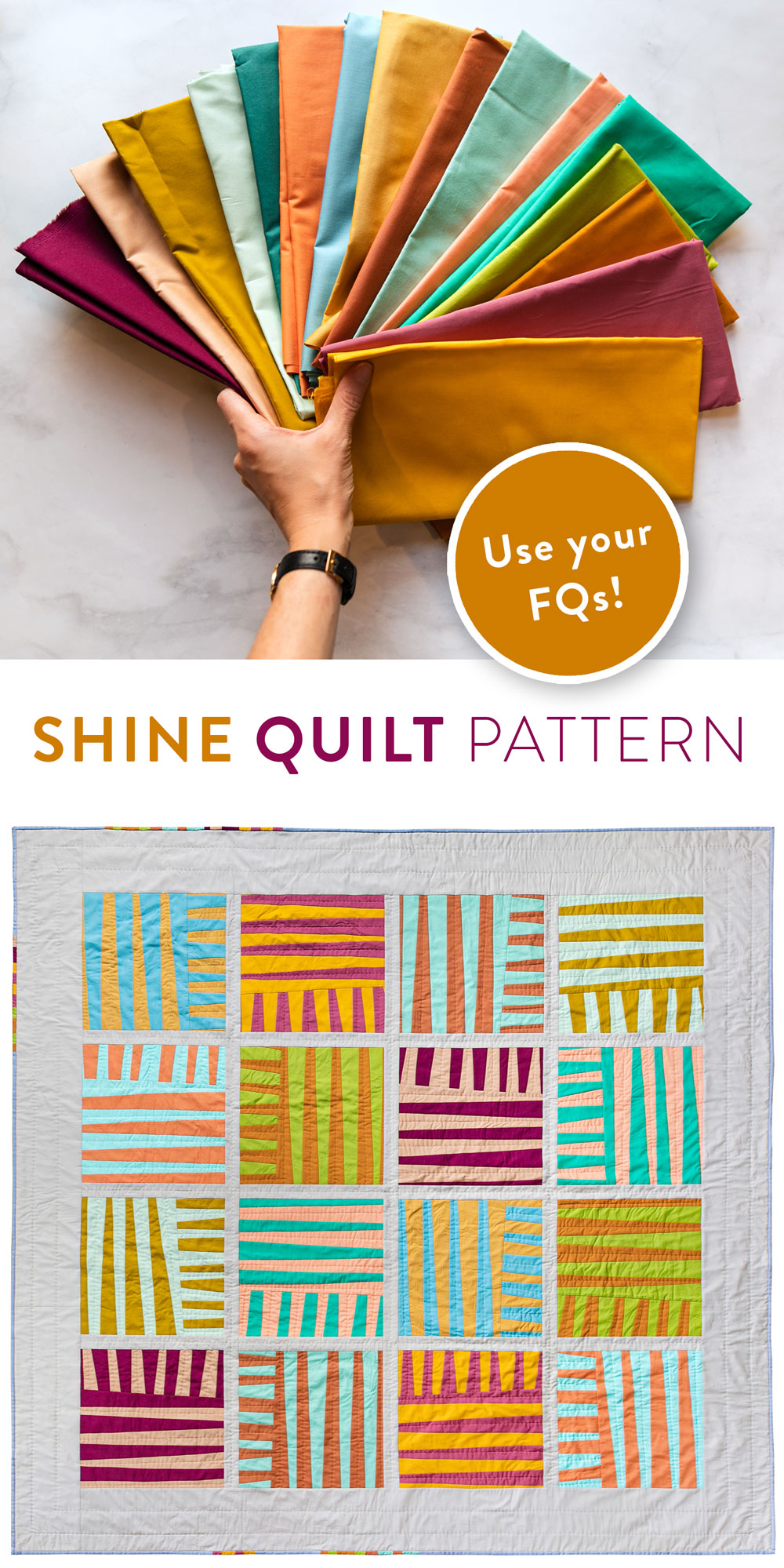 The Shine quilt sew along includes lots of added tips and videos to help you make this modern quilt pattern. This fat quarter quilt pattern is beginner friendly and focuses on improv sewing. suzyquilts.com #quiltedpillow #quilting
