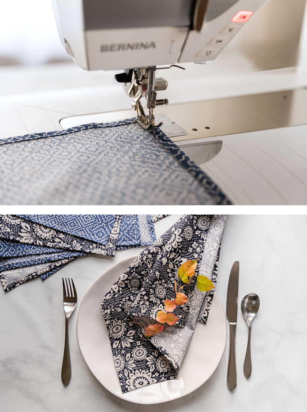 Learn how to sew a napkin in this beginner-friendly DIY cloth napkins tutorial. This fat quarter friendly sewing tutorial is incredibly fast and easy! suzyquilts.com #sewingtutorial #diynapkins