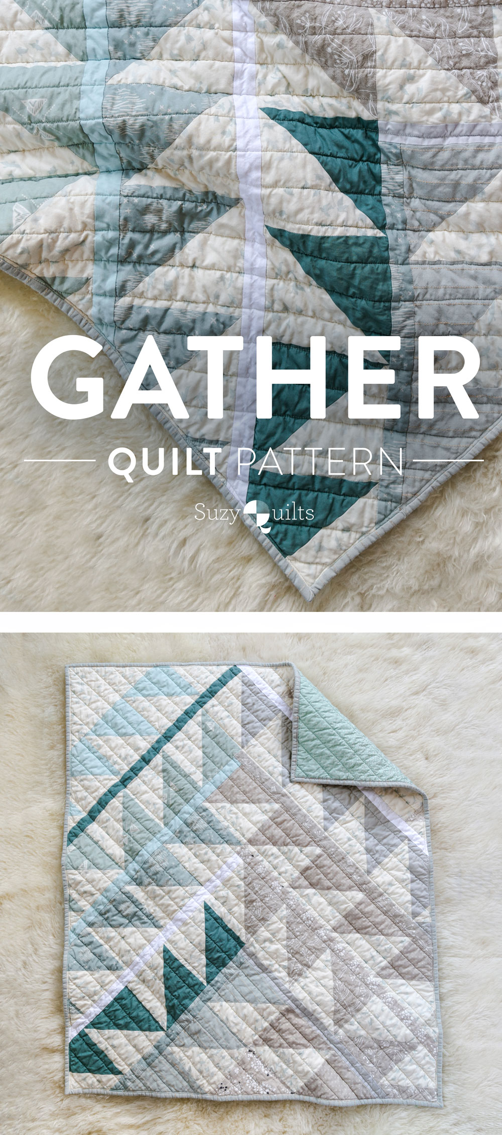 Gather is an HST modern quilt pattern with a unique twist! This instant PDF download comes in queen, twin, throw and baby quilt sizes. suzyquilts.com #babyquilt