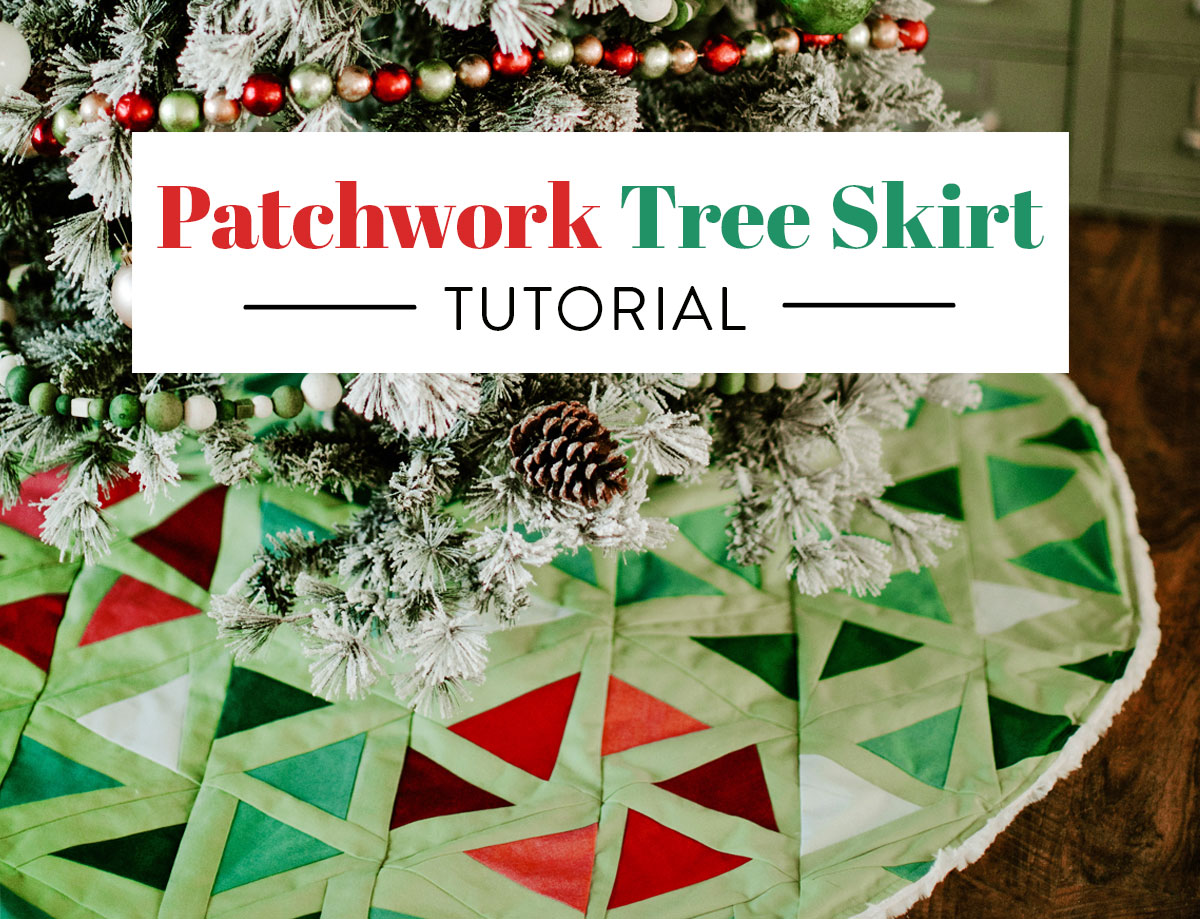 This free patchwork tree skirt tutorial uses a modern quilt pattern to create a beautiful DIY tree skirt! suzyquilts.com #treeskirt #DIYsewing
