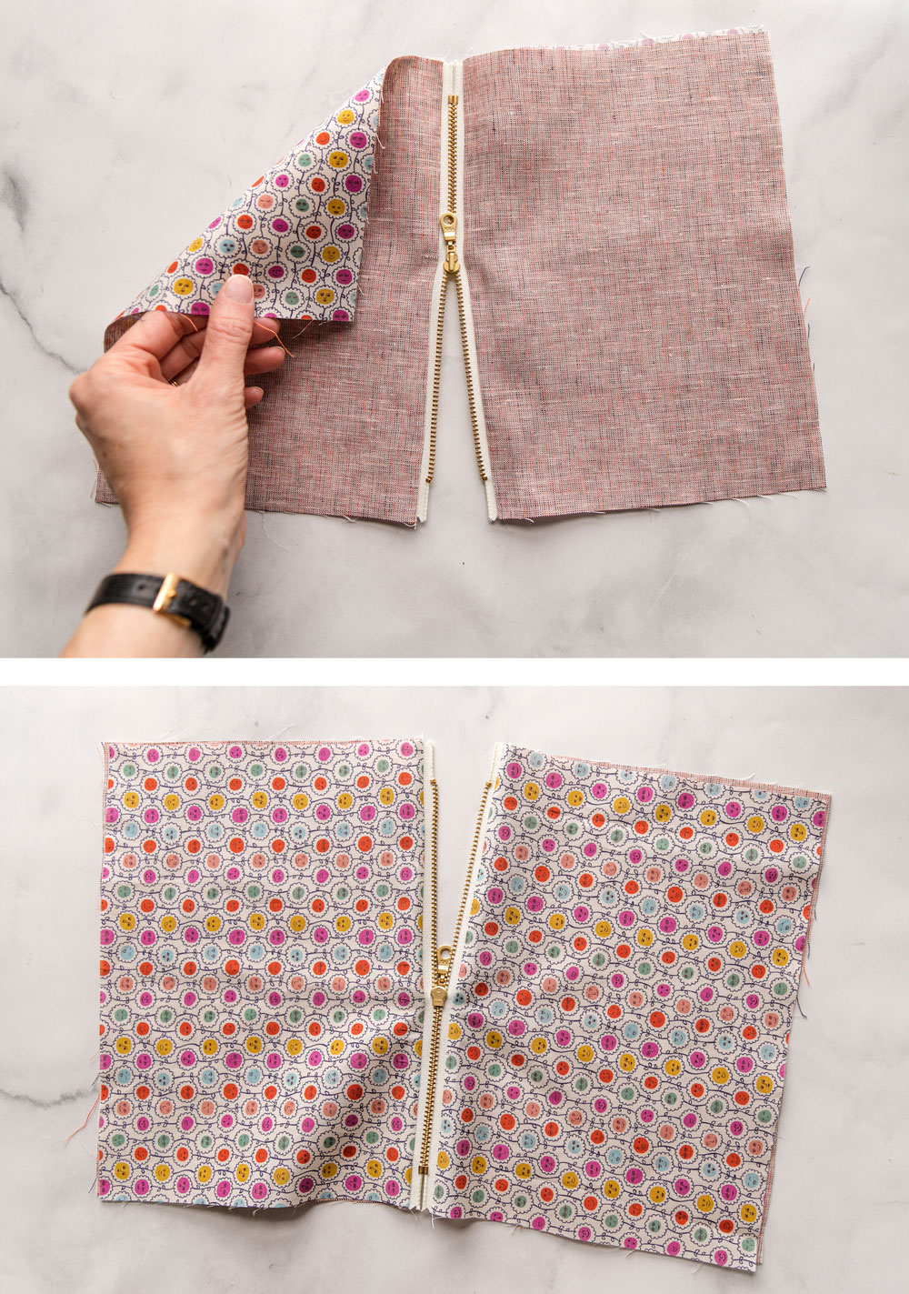 This easy zipper pouch tutorial shows exactly how to sew a simple pouch using scrap fabric and a zipper of any size. suzyquilts.com #zipperpouch #pouchtutorial