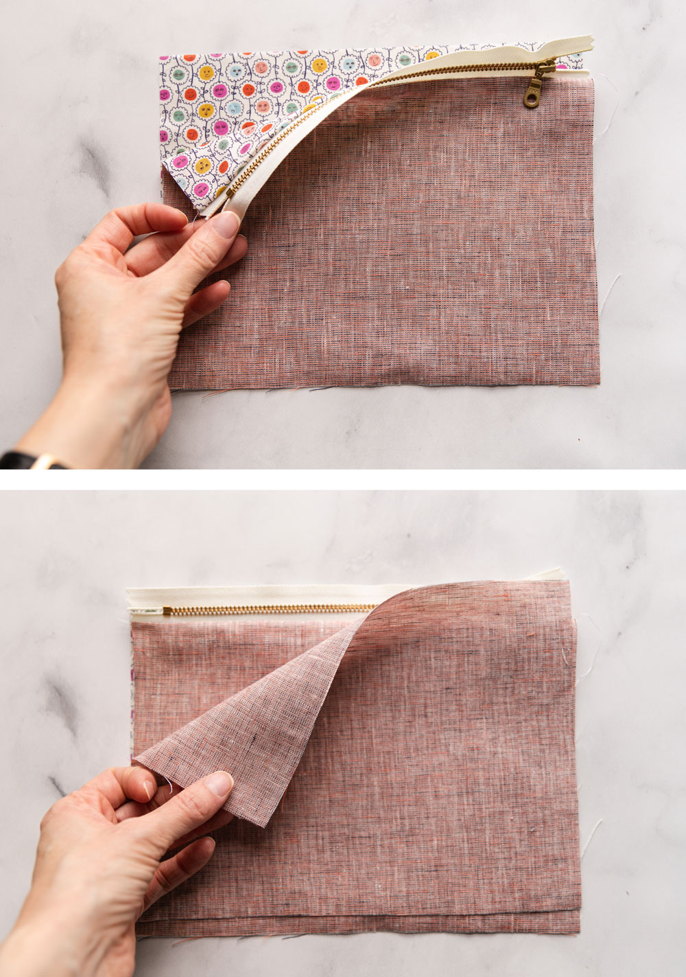 This easy zipper pouch tutorial shows exactly how to sew a simple pouch using scrap fabric and a zipper of any size. suzyquilts.com #zipperpouch #pouchtutorial