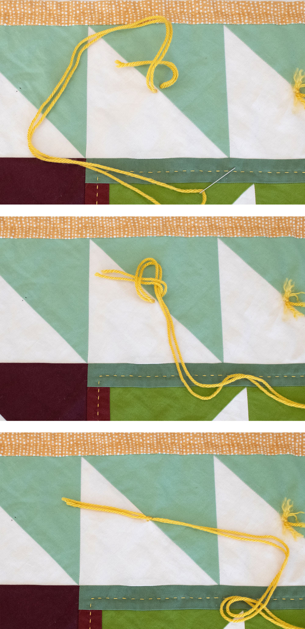 This quilt tying tutorial shows how to tie a quilt with yarn or embroidery thread. Quilt ties is an easy and fast way to finish a quilt. suzyquilts.com #quilting #quiltingtutorial