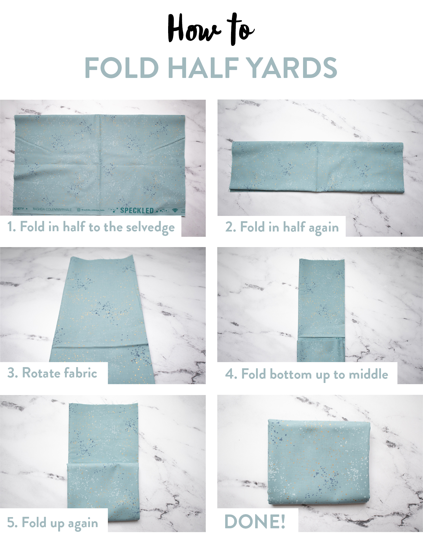 The ultimate guide to folding fabric of different sizes to neatly organize your fabric stash. Step by step photos and instructions show you how to fold fat quarters, half yards, and yardage so you can get started on cleaning your sewing studio.