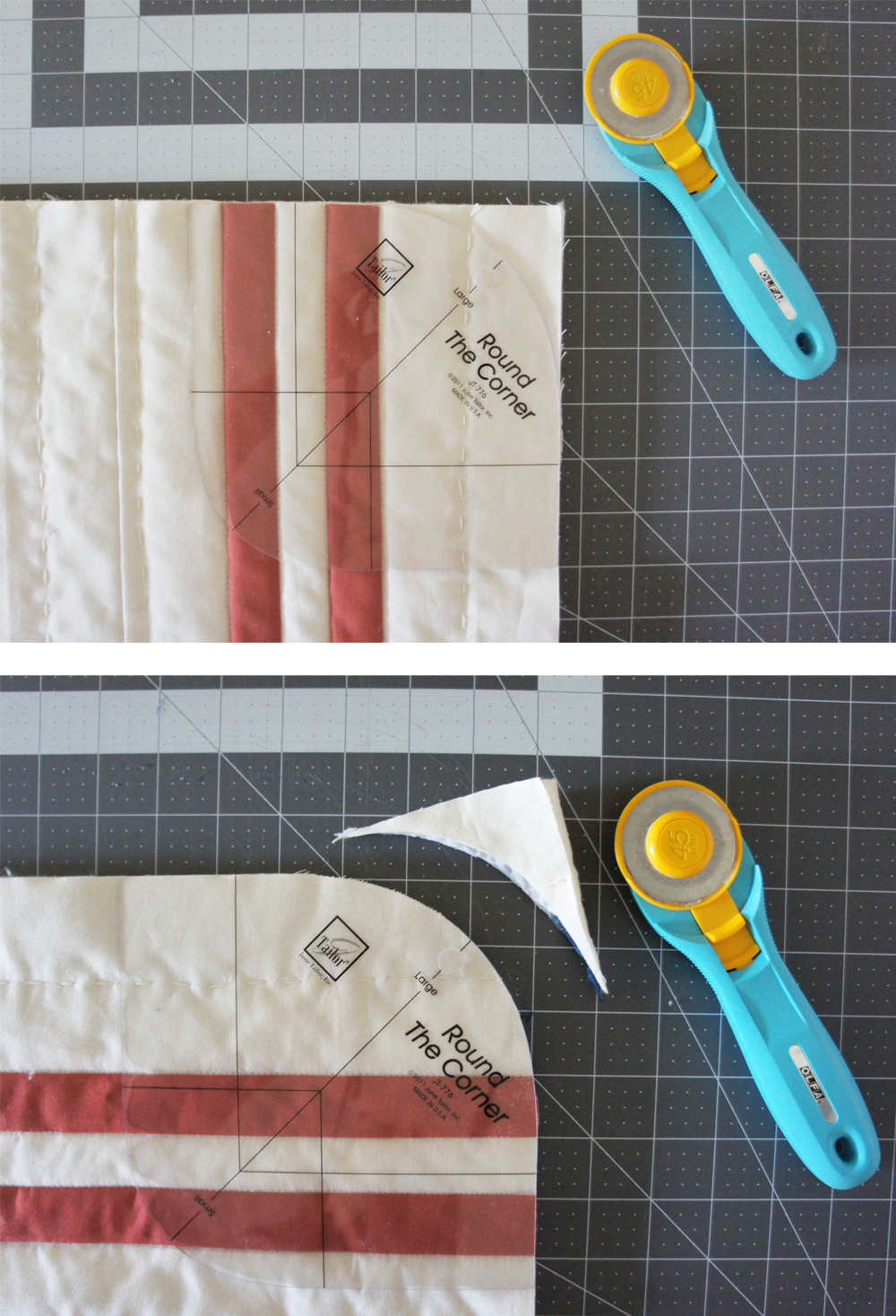 A step by step tutorial including photos and all the tools you need to get perfectly rounded quilt corners. Learn the best tips and tricks for rounding the corners of any quilt project and attaching a smooth binding. suzyquilts.com #sewingdiy #quilting