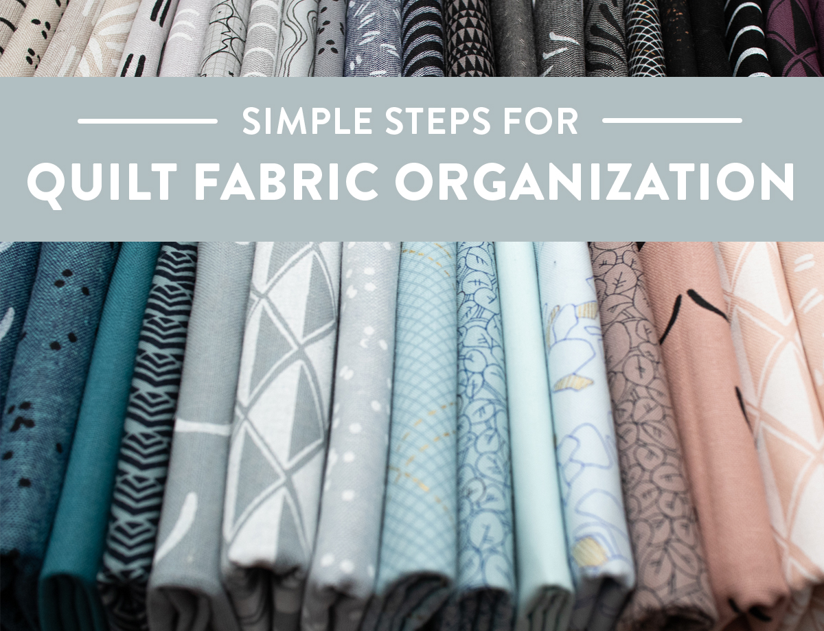 Simple steps for quilting fabric organization that can be easily adapted to your unique sewing room and fabric stash. Follow these steps with photo examples, links to resources and supplies, and tips to start organizing your fabric stash today. suzyquilts.com #sewingdiy #quilting