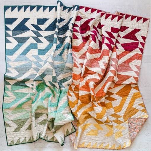 The Voyage quilt pattern is fat quarter friendly and a great quilt pattern for beginners! It includes king, queen, twin, throw and baby quilt sizes plus instructions for a two-color quilt version.