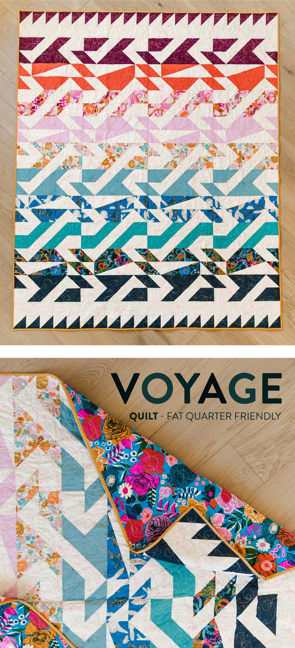 The Voyage quilt pattern is fat quarter friendly and a great quilt pattern for beginners – includes lots of extra video tutorials.