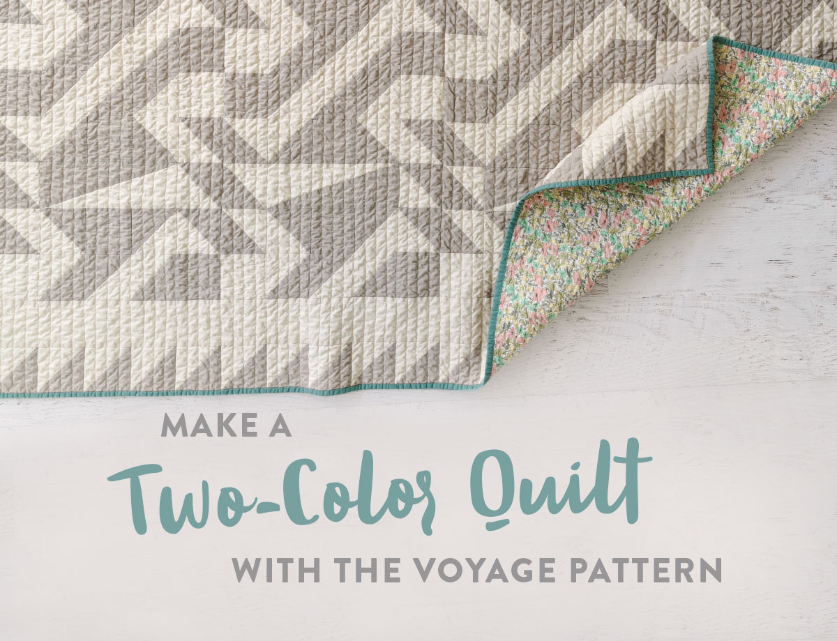 The two-color Voyage quilt pattern is great for beginners! It includes king, queen, twin, throw and bay quilt sizes plus instructions for a multi-color quilt that is fat quarter friendly. suzyquilts.com #quiltpattern #modernquilt