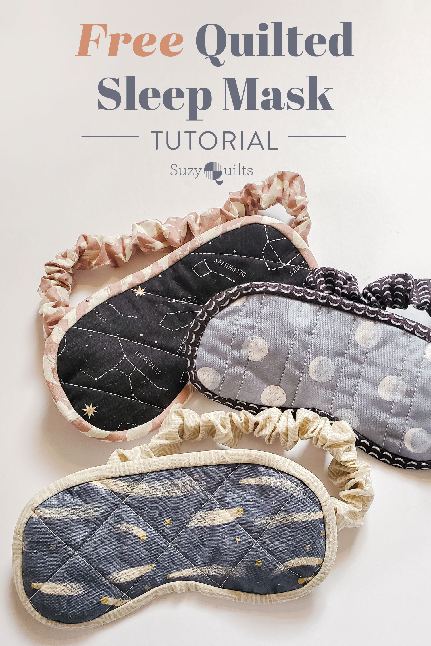 Use your scrap fabric to make this free quilted sleep mask! Step by step instructions for a beginner-friendly tutorial. | suzyquilts.com #sewingtutorial #DIY