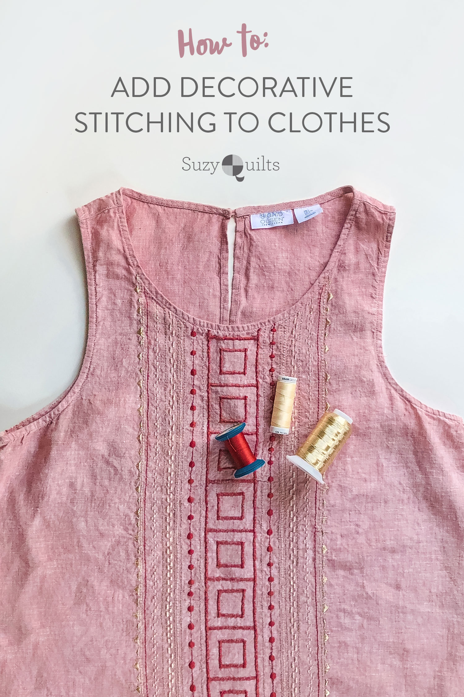 How to use embroidery stitches on your sewing machine! Refresh your wardrobe by adding decorative stitching to clothes! These are simple embroidery stitches on most sewing machines. suzyquilts.com #sewing #DIY