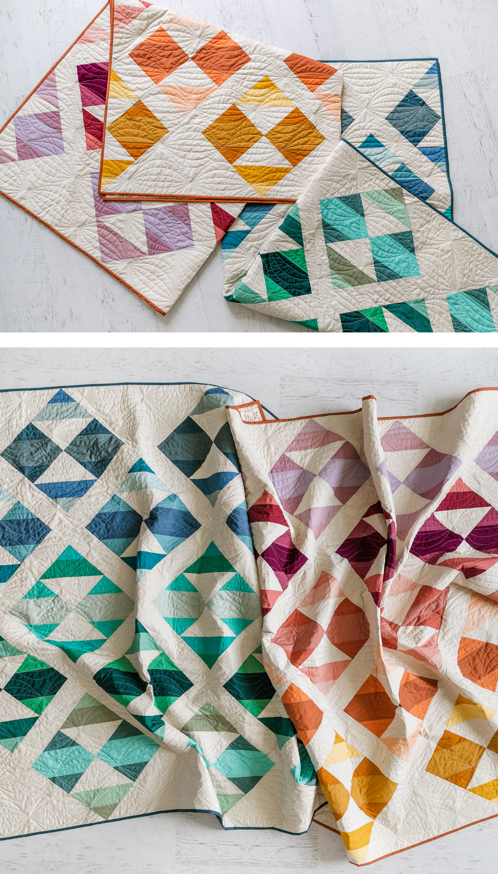 This modern ombre fat quarter quilt pattern is a good beginner quilt pattern and makes a beautiful scrap quilt. The sewing pattern also includes instructions for a limited-color version. suzyquilts.com #quiltpattern #modernquilt