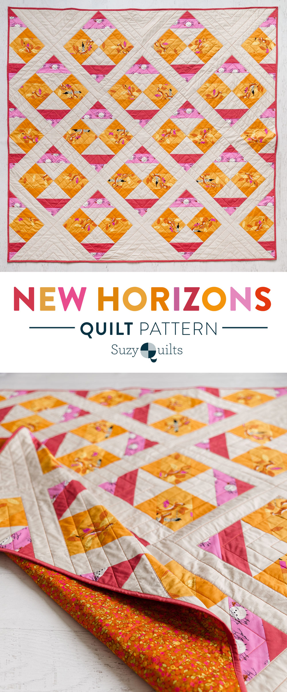 The New Horizons quilt pattern includes instructions for both fat quarters and limited-color yardage instructions. suzyquilts.com #modernquilt #quilt