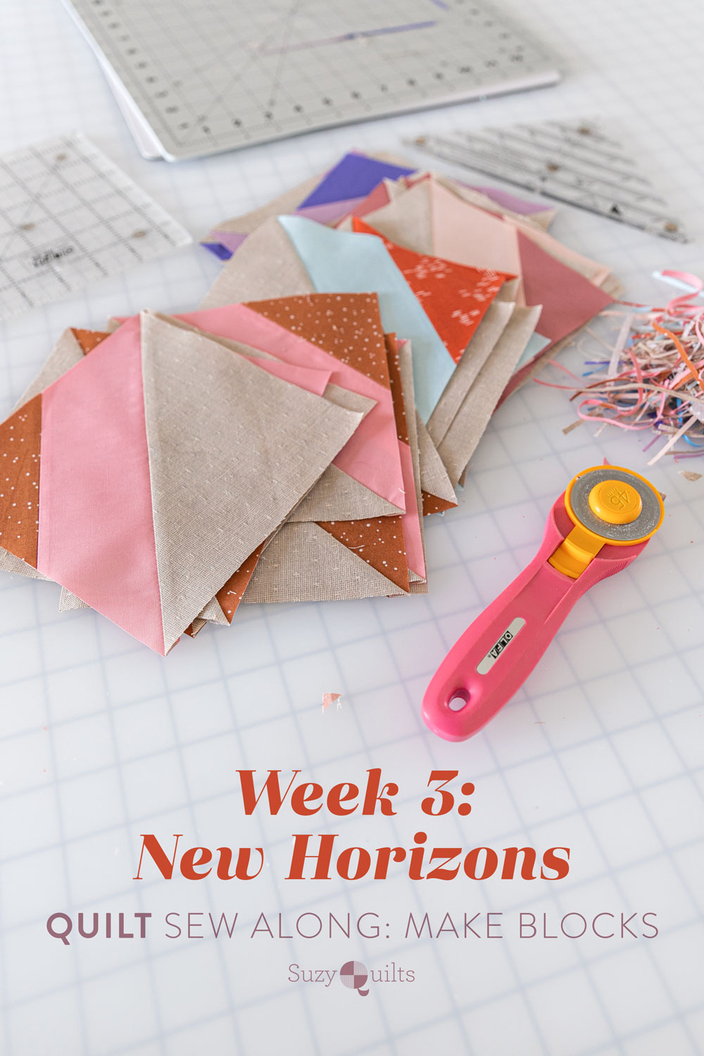 Have fun making this fat quarter friendly quilt pattern! The New Horizons quilt along includes lots of extra instruction and tips. suzyquilts.com #sewalong #quilting
