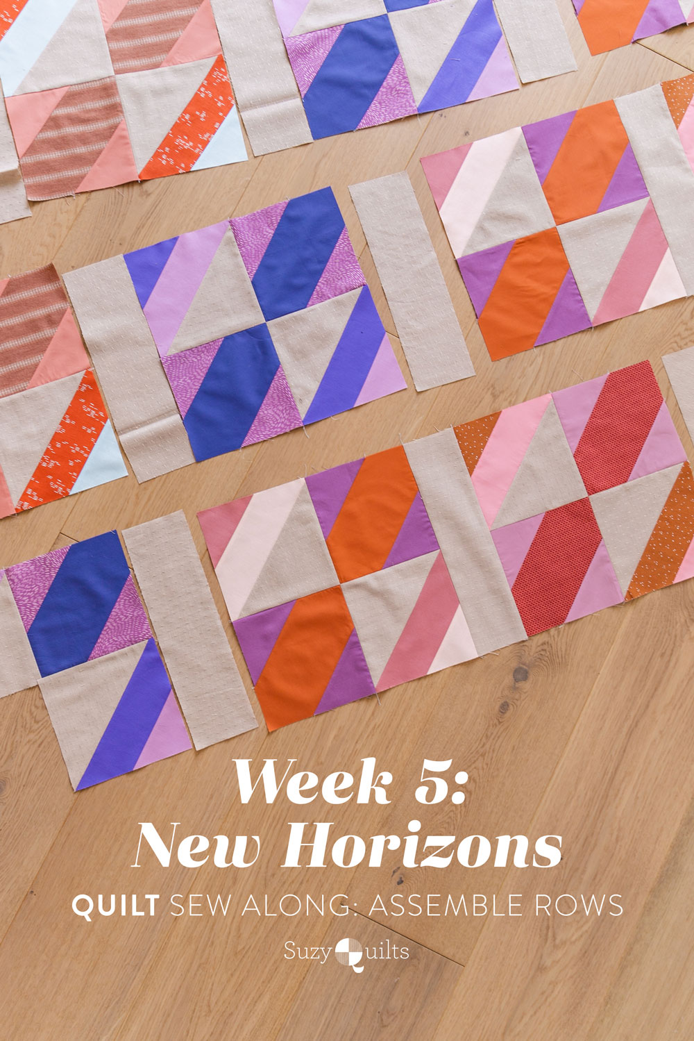 The New Horizons quilt along includes lots of extra instruction and tips in sewing this fat quarter friendly modern throw quilt. suzyquilts.com #quiltpattern #modernquilt