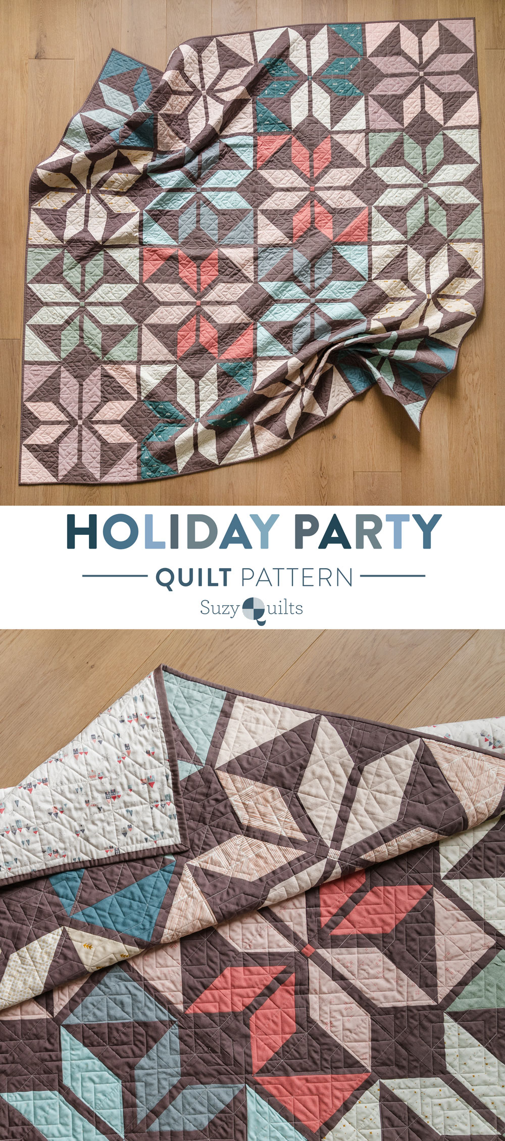 Holiday Party is a fat quarter friendly Christmas quilt pattern that includes a video tutorial and lots of different sizes and color variations! suzyquilts.com #starquilt #quiltpattern 