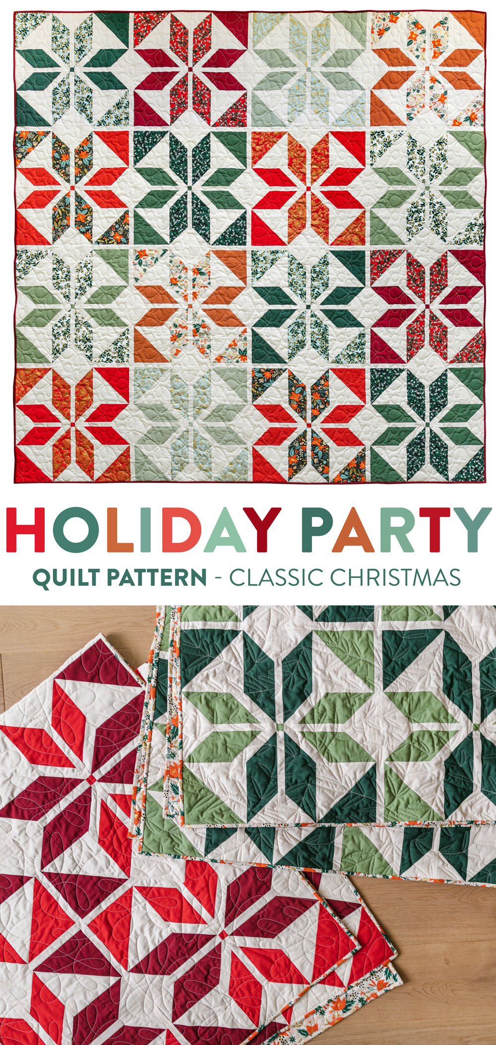 Holiday Party is a fat quarter friendly Christmas quilt pattern that includes a video tutorial and lots of different sizes and color variations! suzyquilts.com #christmasquilt #quiltpattern