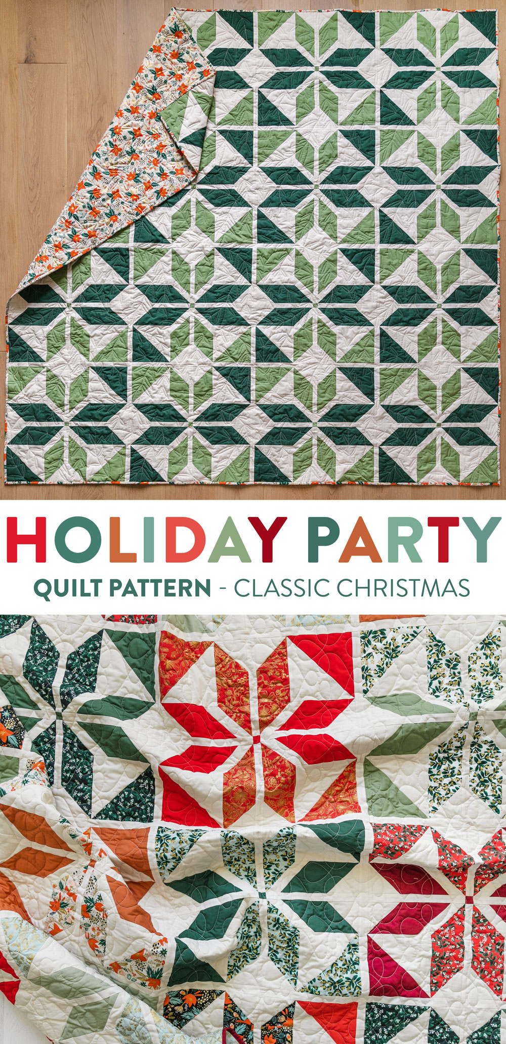 Holiday Party is a fat quarter friendly Christmas quilt pattern that includes a video tutorial and lots of different sizes and color variations! suzyquilts.com #christmasquilt #quiltpattern
