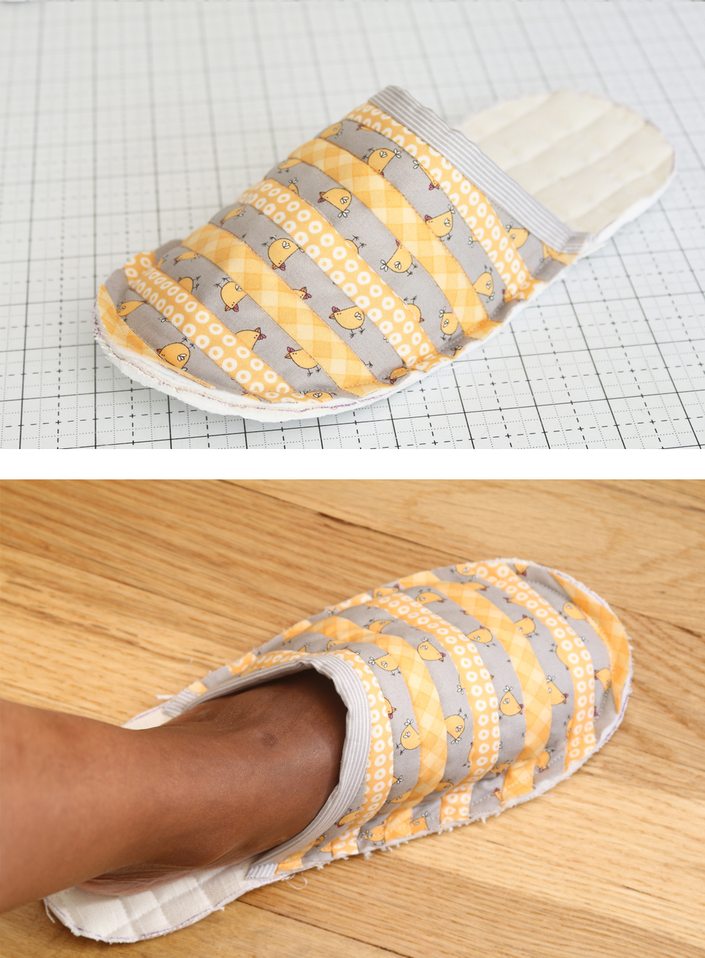 Learn everything you need to know to make a pair of quilted slippers that are just your size in this beginner-friendly photo tutorial! suzyquilts.com #quilting #sewingdiy
