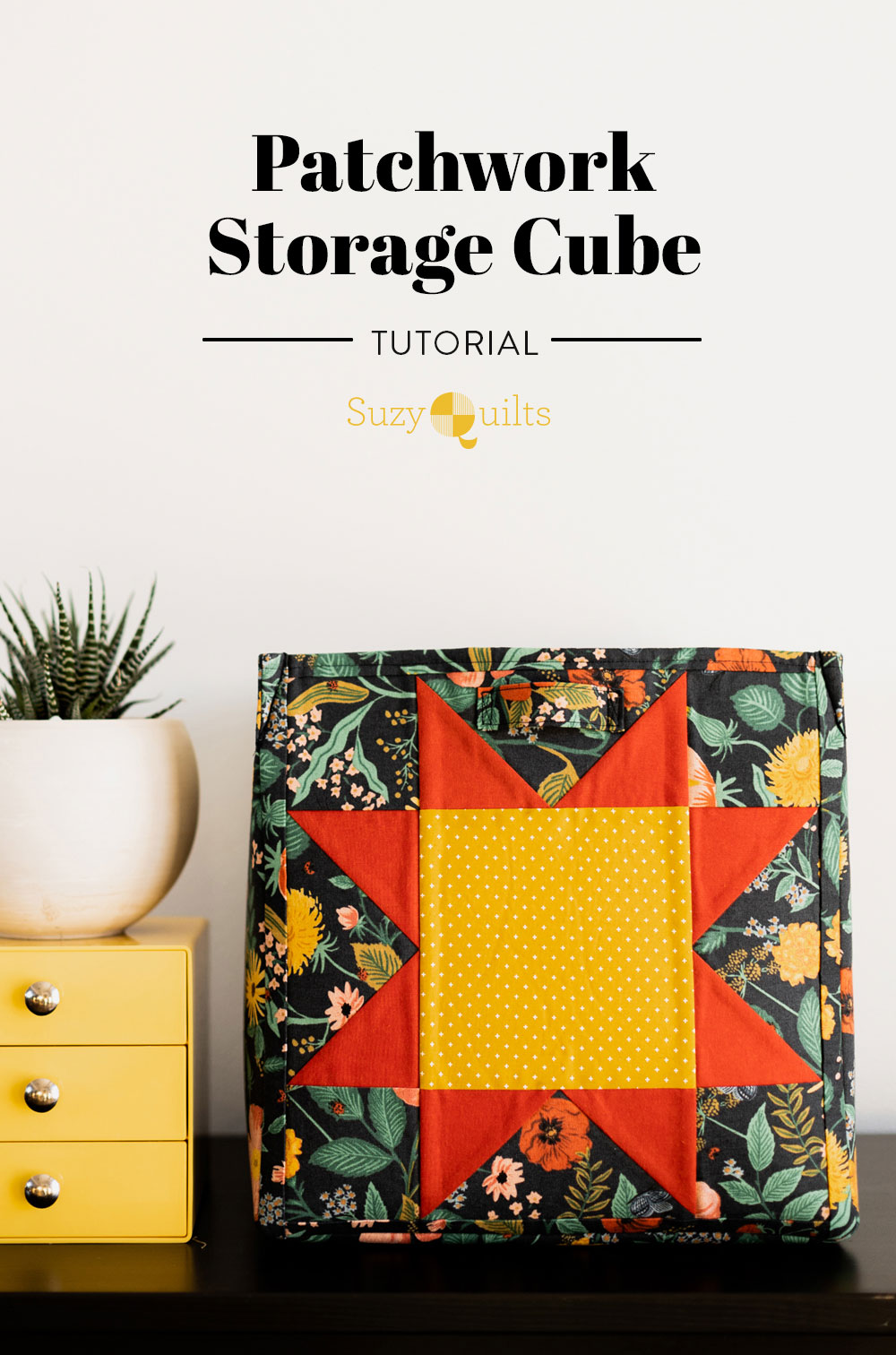 This beginner-friendly patchwork storage cube tutorial explains how to sew a storage bin featuring the classic sawtooth star block. suzyquilts.com #sewingtutorial #sew