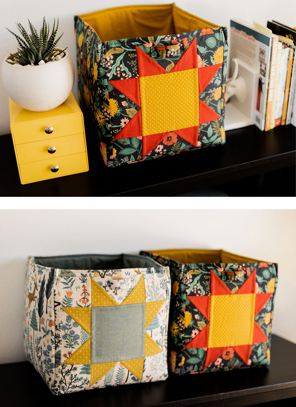 This beginner-friendly patchwork storage cube tutorial explains how to sew a storage bin featuring the classic sawtooth star block. suzyquilts.com #sewingtutorial #sew