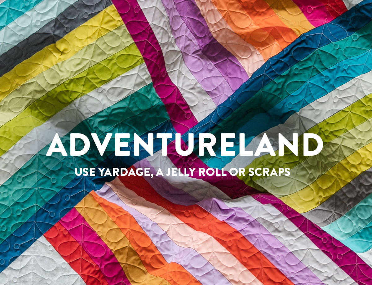 Adventureland is the best modern quilt pattern for a beginner quilter. You can use yardage, a jelly roll or scrap fabric! suzyquilts.com #modernquilt